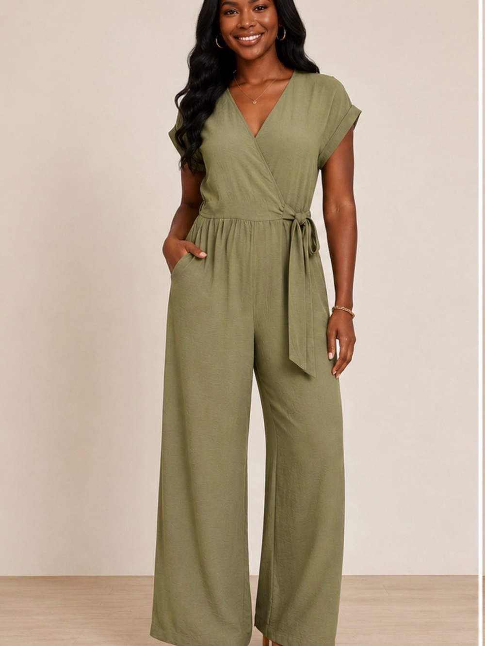 Woven Wrap Olive Green Jumpsuit with Tie Waist.